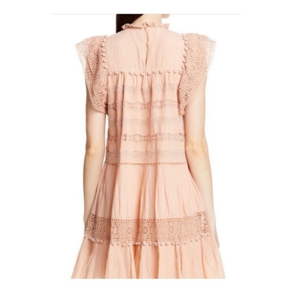 Ulla Johnson Nora Blush Pink Crochet Trim Pom Pom Flutter Sleeve Trapeze Dress - Picture 2 of 13